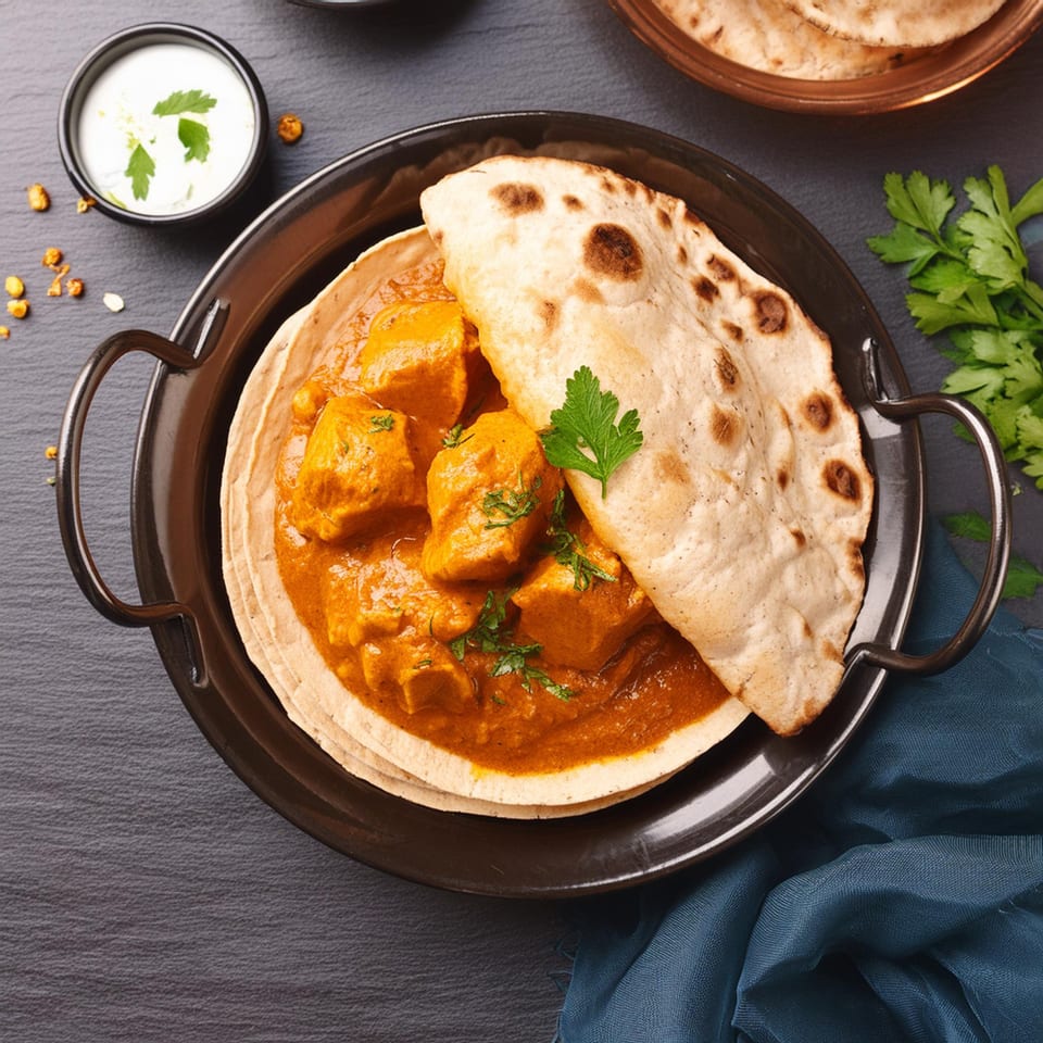 Milagu Indian Cuisine's butter chicken with naan bread and a side of raita.