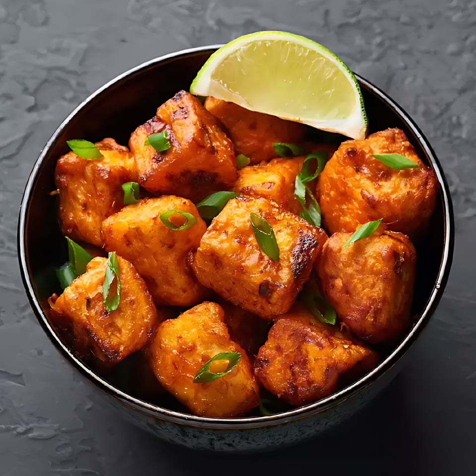 Milagu Indian Cuisine's paneer pakora, garnished with green onions and a lime wedge, in a dark bowl.