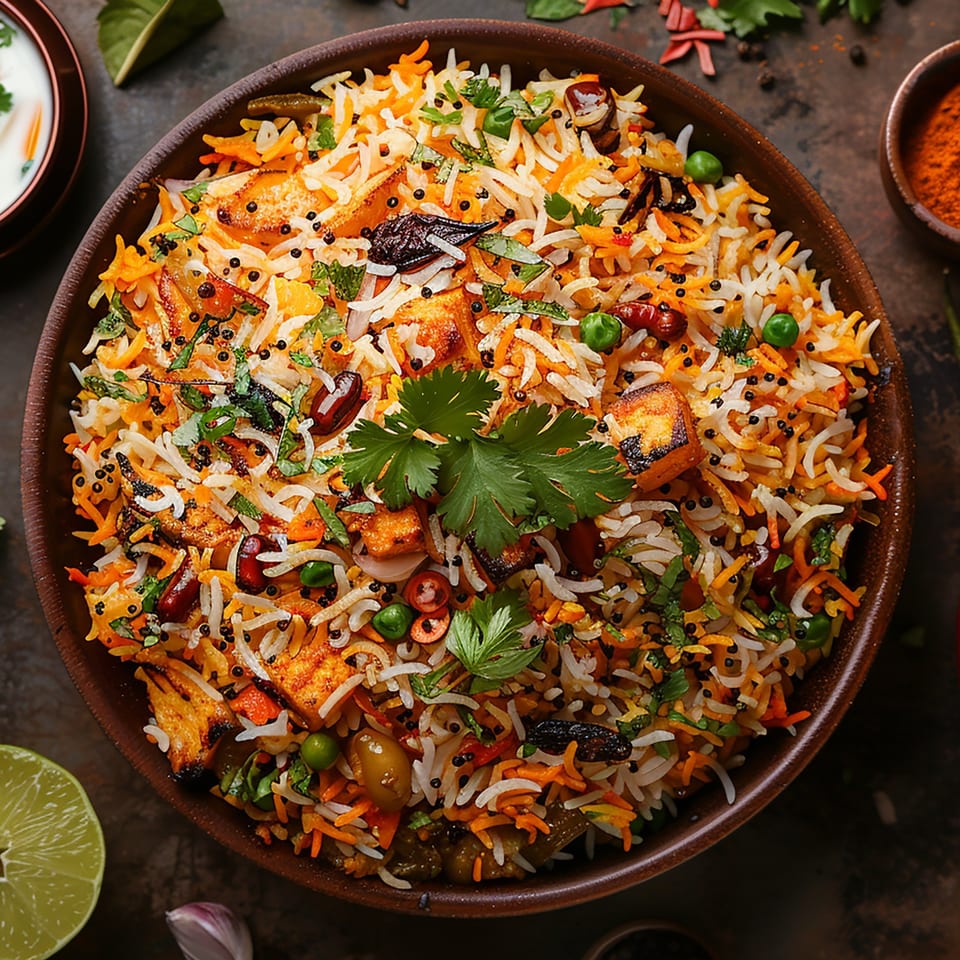 Close-up of Milagu Indian Cuisine's colorful vegetable biryani with paneer, peas, and cilantro in a brown bowl.